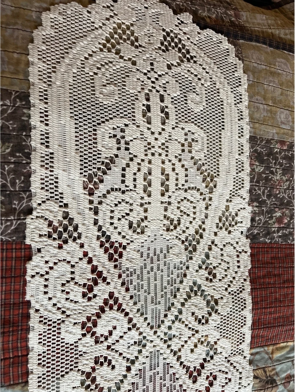 Vintage Handmade Crochet Lace Table Runner with Angel Motif